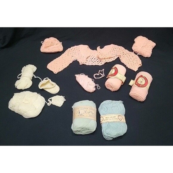 Handmade Other - Vintage Doll or Baby Booties & Sweater 1950s Pink White Blue UnFinished Handmade